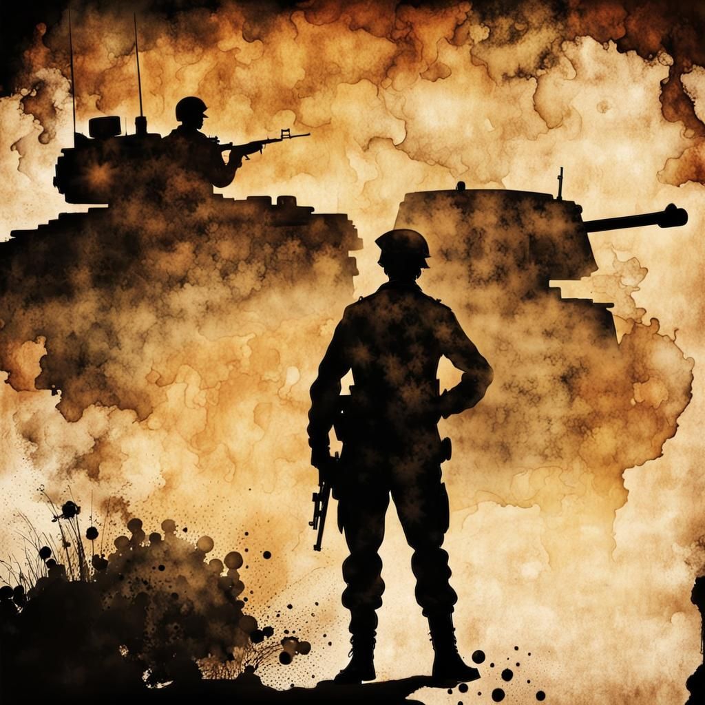 Soldier and Tank Silhouette in Steampunk Ink Style