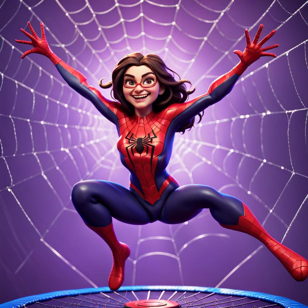 Spiderwoman on Web Trampoline: Pixar-Style 3D Art
