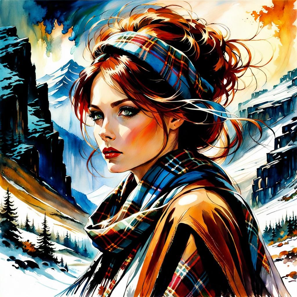Highland Woman in Watercolor with Tartan Scarf