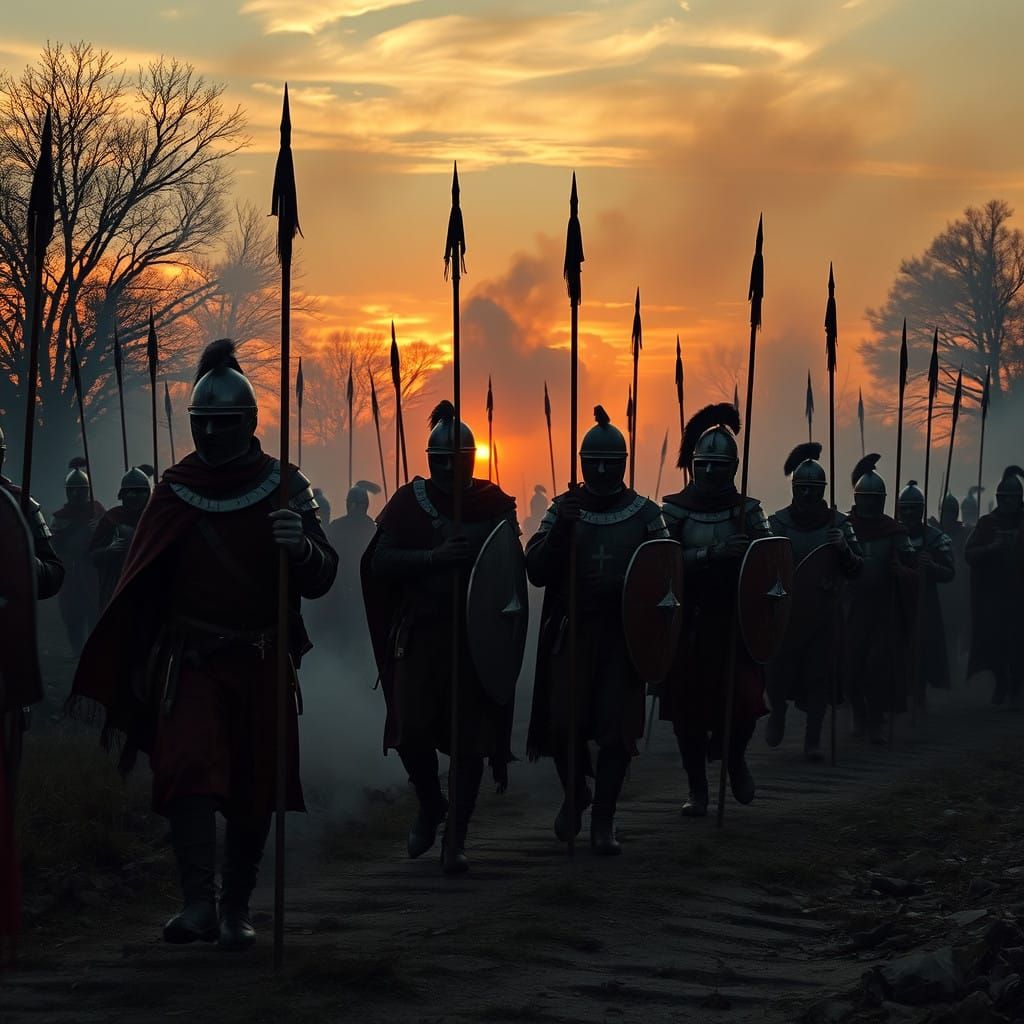 Medieval Knights at Sunset with Lances and Smoke