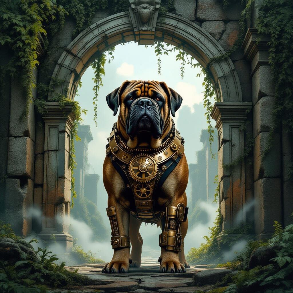 Steampunk Mastiff Guards Overgrown Ancient Ruins