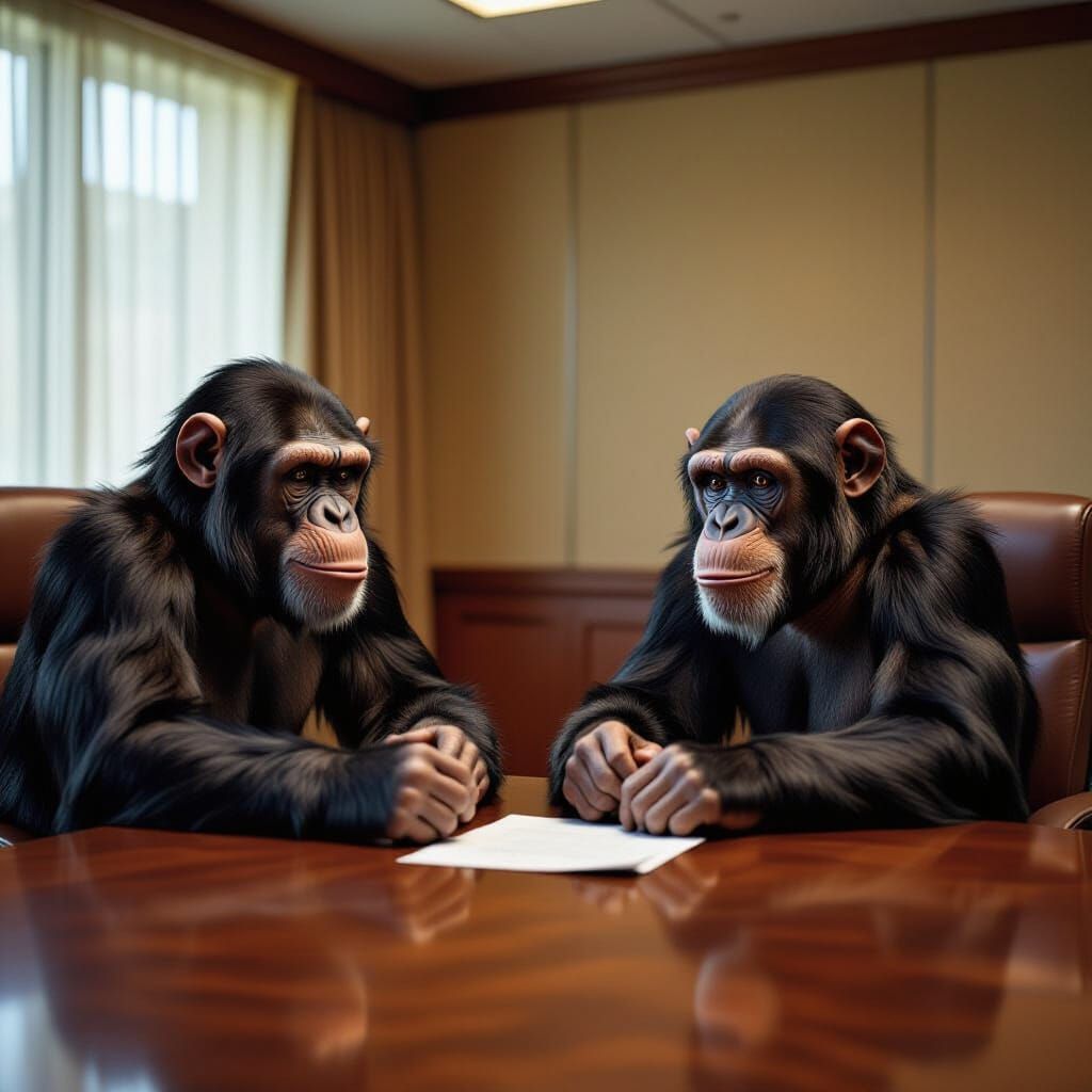 Chimpanzees in Boardroom Discussing Layoffs: Cinematic Still