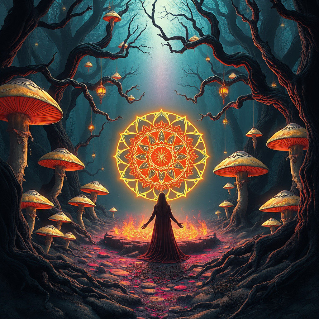 Mystical Forest Mandala with Sorceress, Digital Matte Painti...