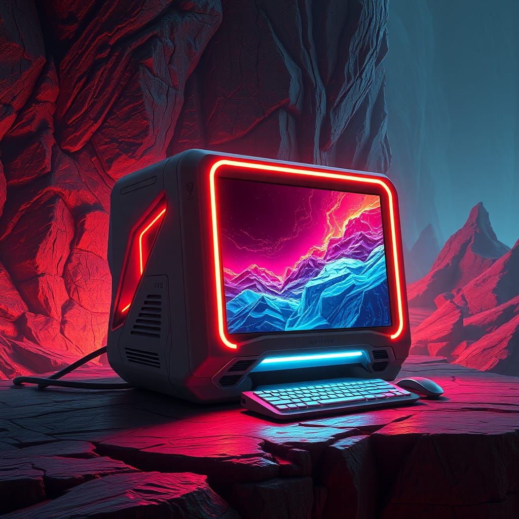 Futuristic Computer with Neon Accents in Cyberpunk Style