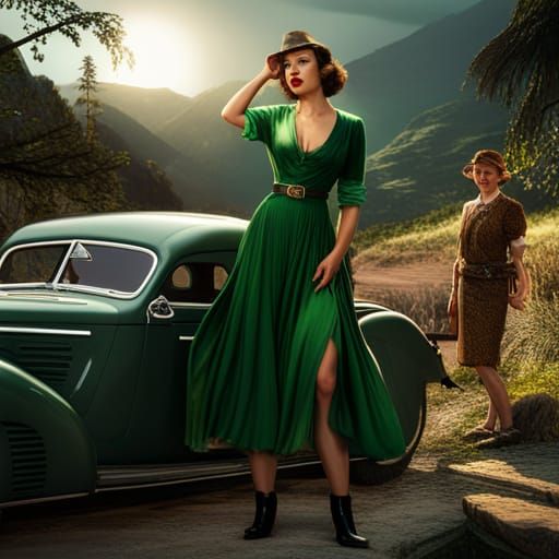 Woman in 1940s Style with Vintage Jaguar