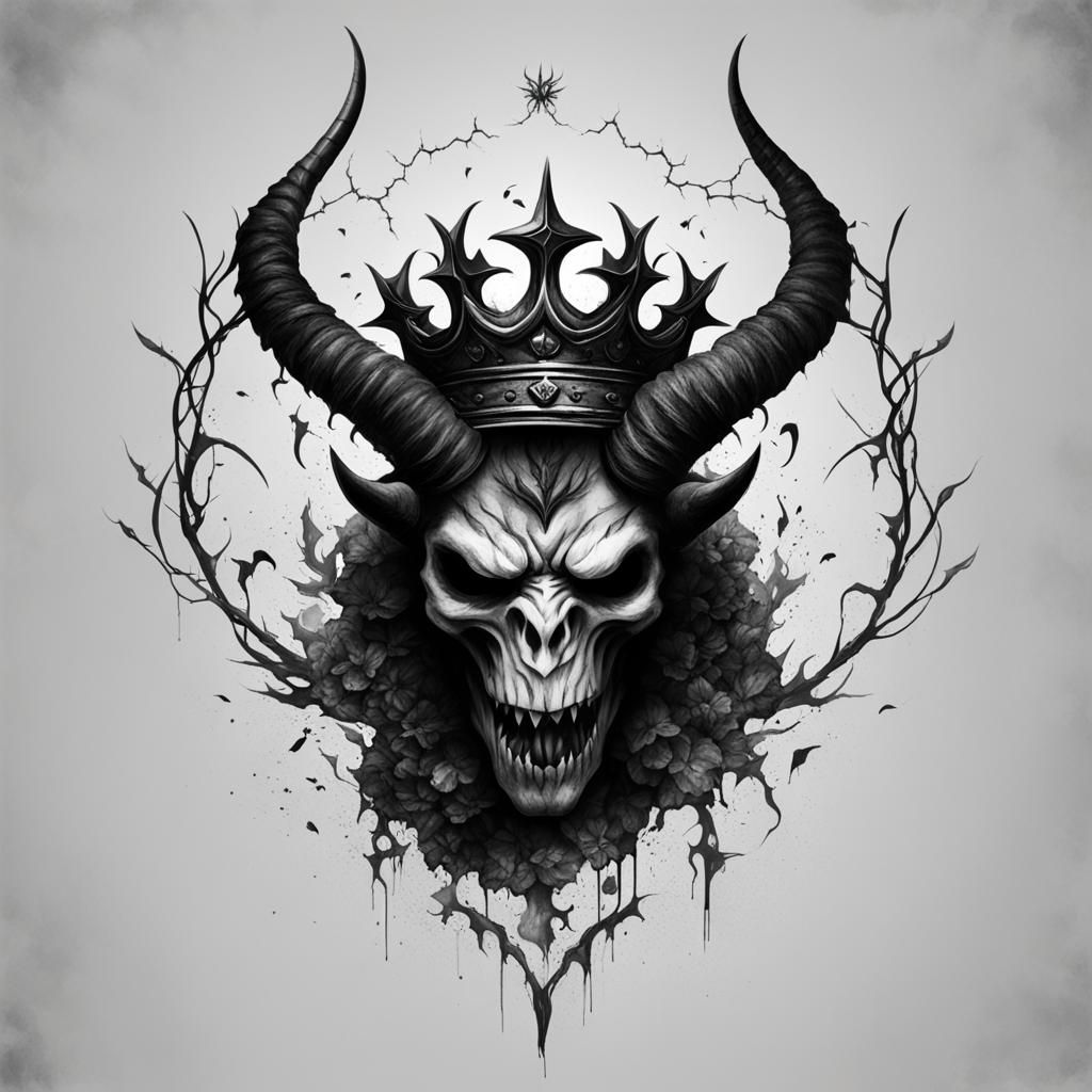 Monochrome Devil with Black Flowers and Thorns