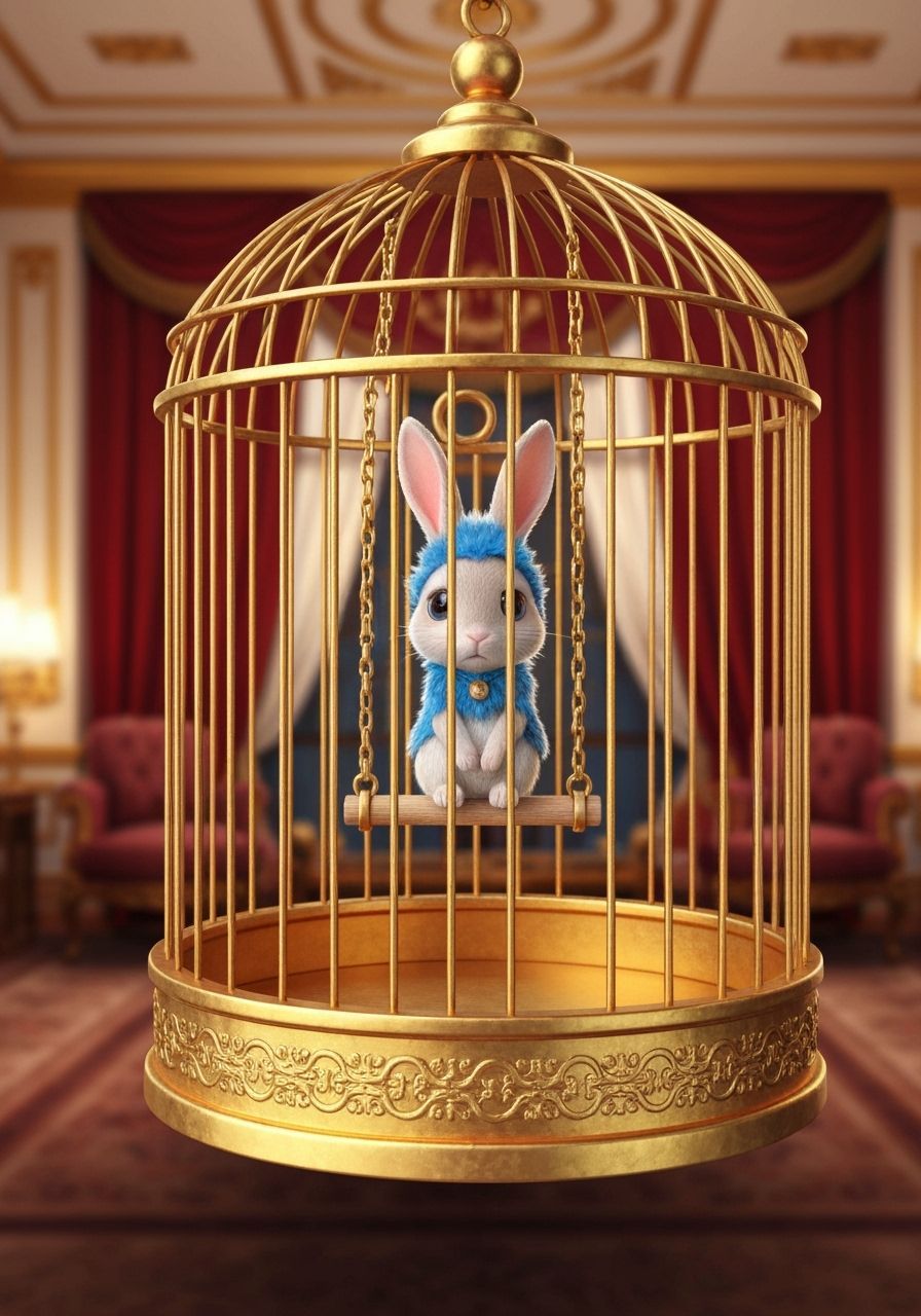 Sad Rabbit Girl in Gilded Birdcage