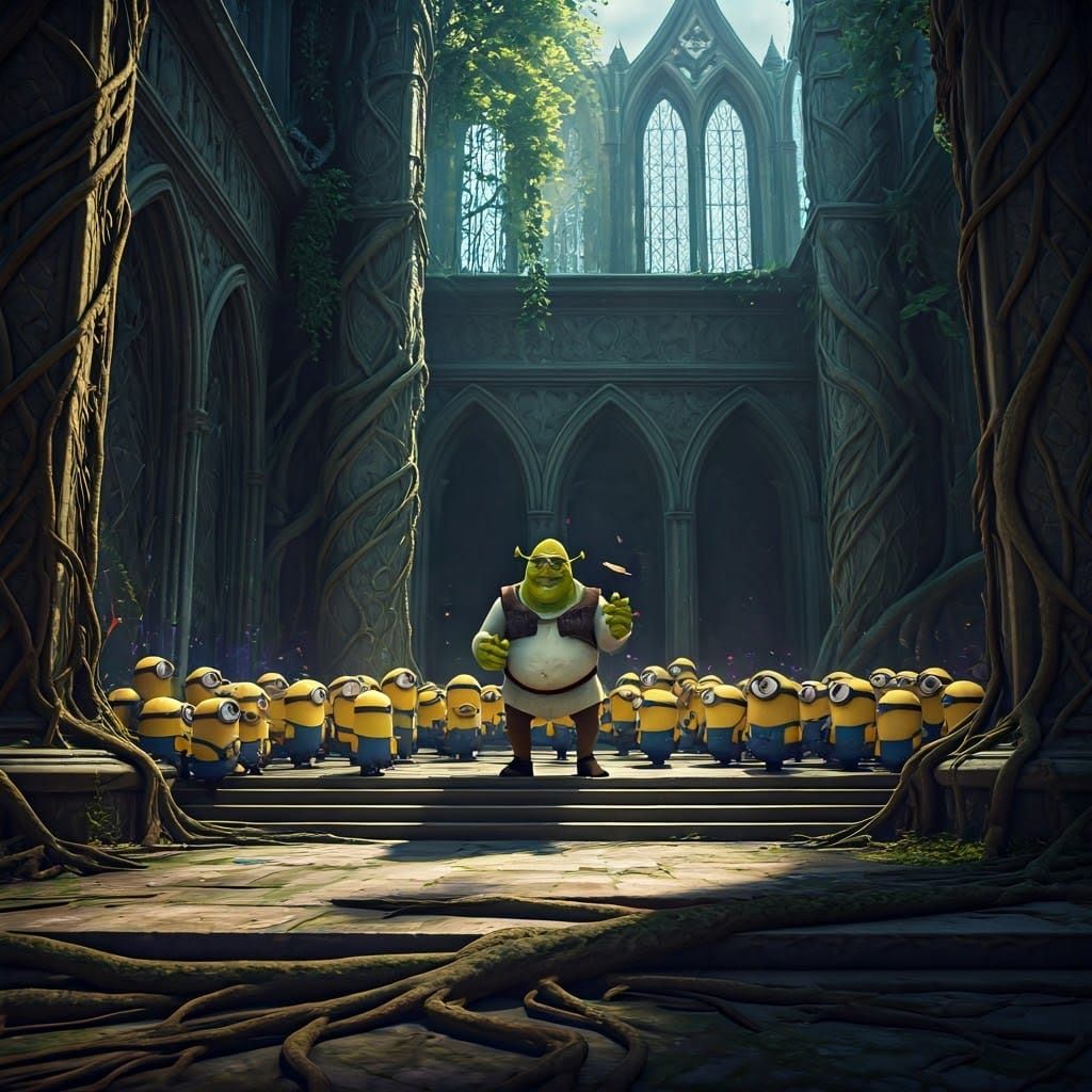Shrek Teaches Minions in Mystical Courtyard, Digital Art