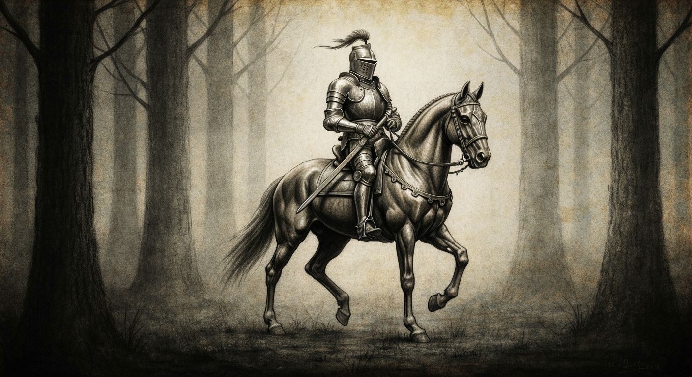 Armored Knight Rides Through Misty Forest in Charcoal Style