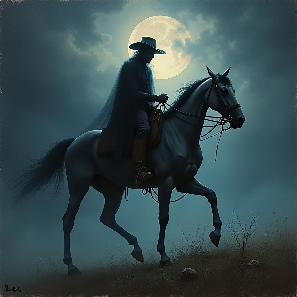 Ghostly Cowboy Rides Through Dark Night Sky