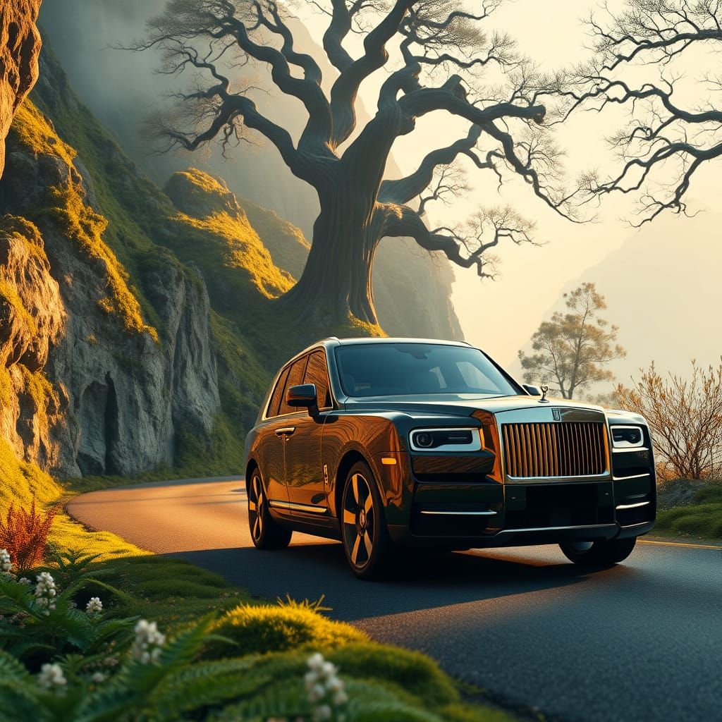 Sleek Luxury Rolls-Royce Cullinan on a Misty Mountain Road
