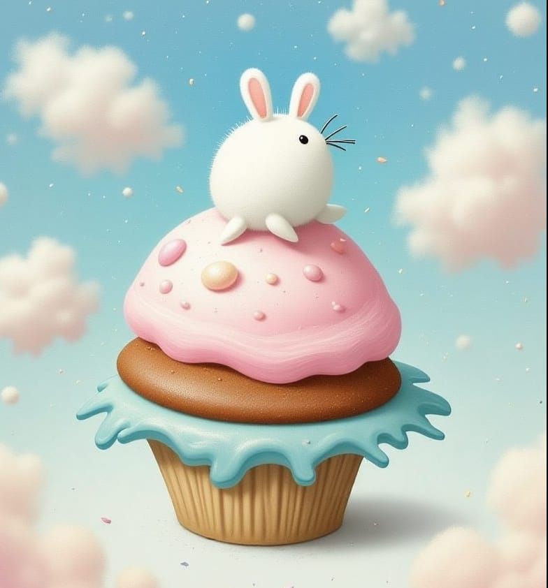 Fluffy Bunny on Floating Cupcake in Naive Art Style