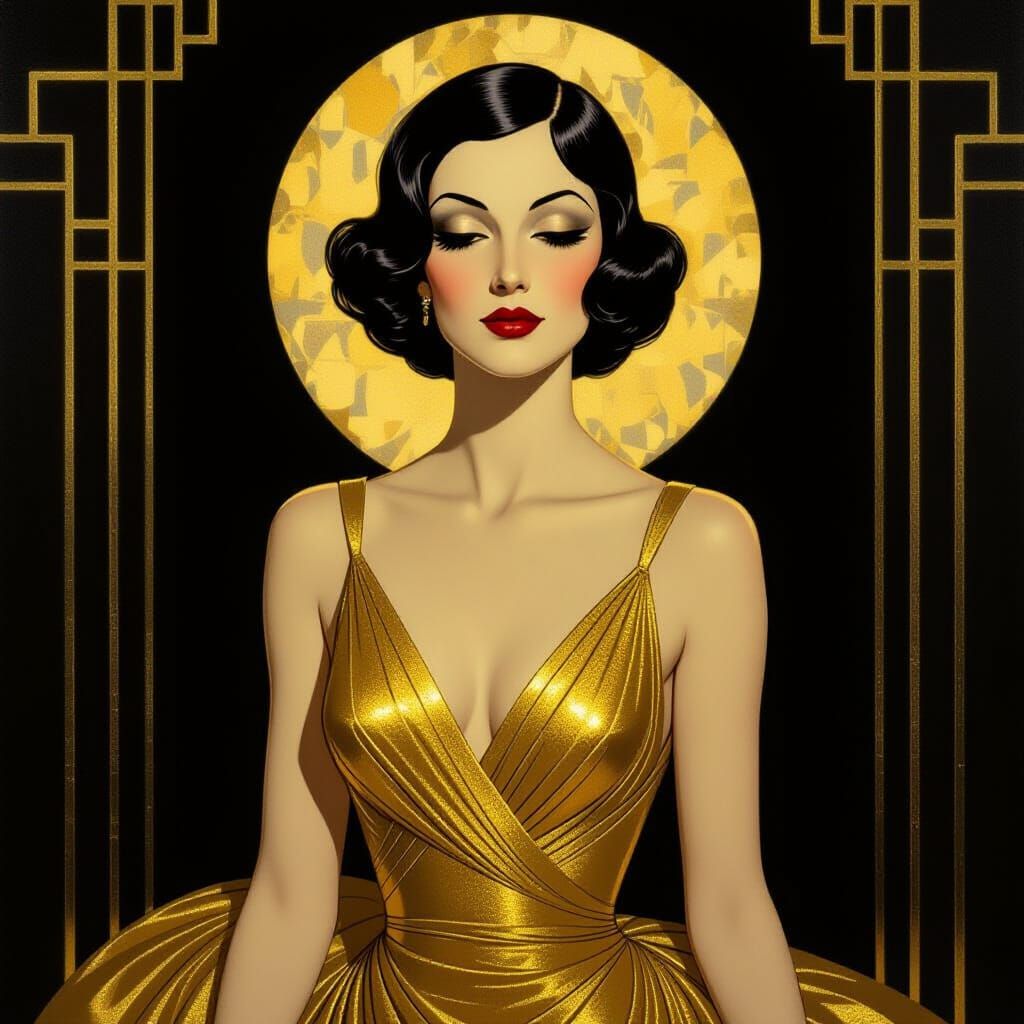 Art Deco Portrait of Mysterious Woman in Gold