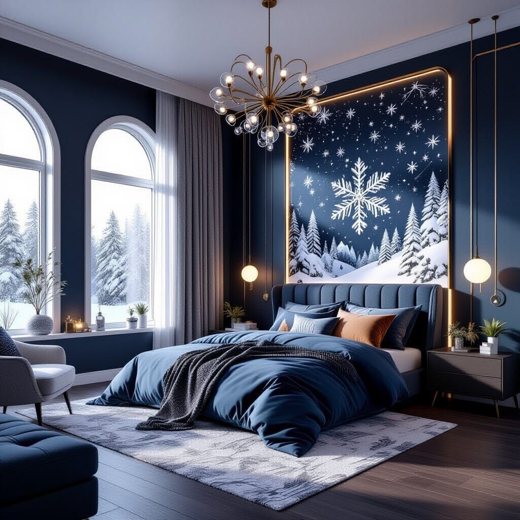Modern Winter Bedroom: Intricate Design, Deep Colors