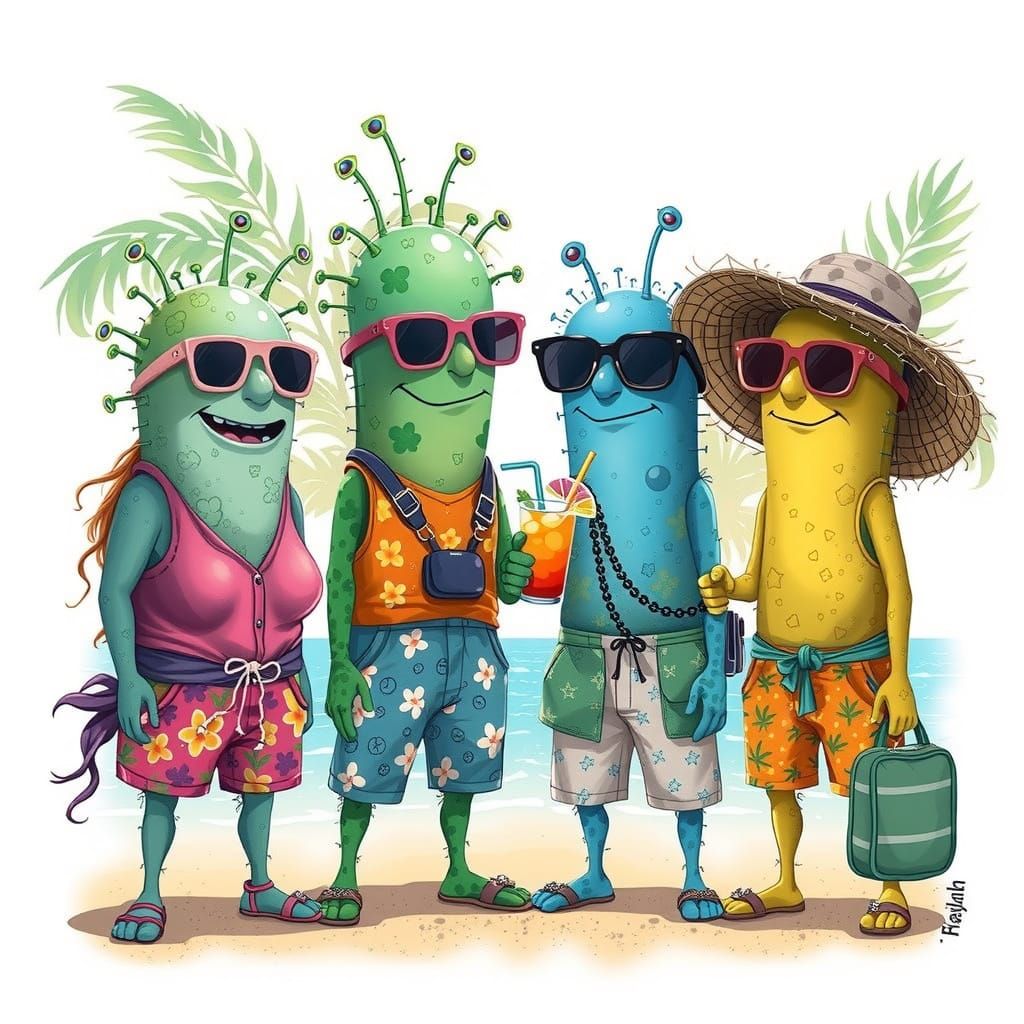 Cartoon Bacteria on Tropical Beach: T-Shirt Design