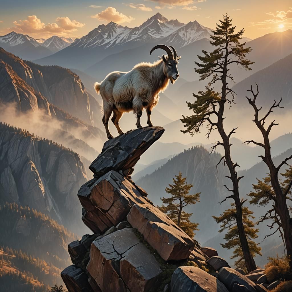 Mountain Goat on Boulder at Dawn: Fantasy Concept Art