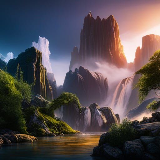 Fantastical Waterfall and Mountain Landscape in Deep Color