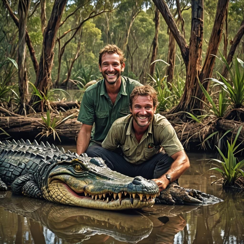 Smiling Australian Man with Crocodile in Swamp