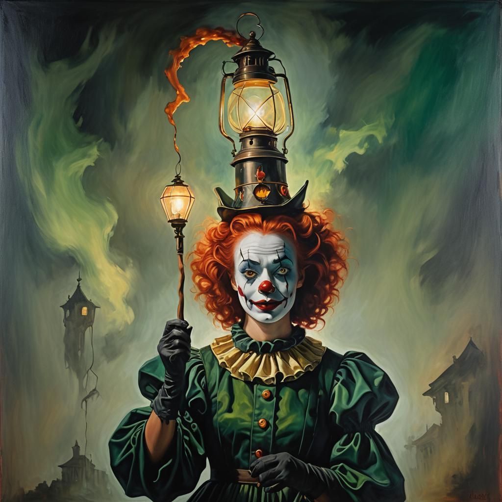 Surreal Girl Clown with Lantern in Dali-esque Style