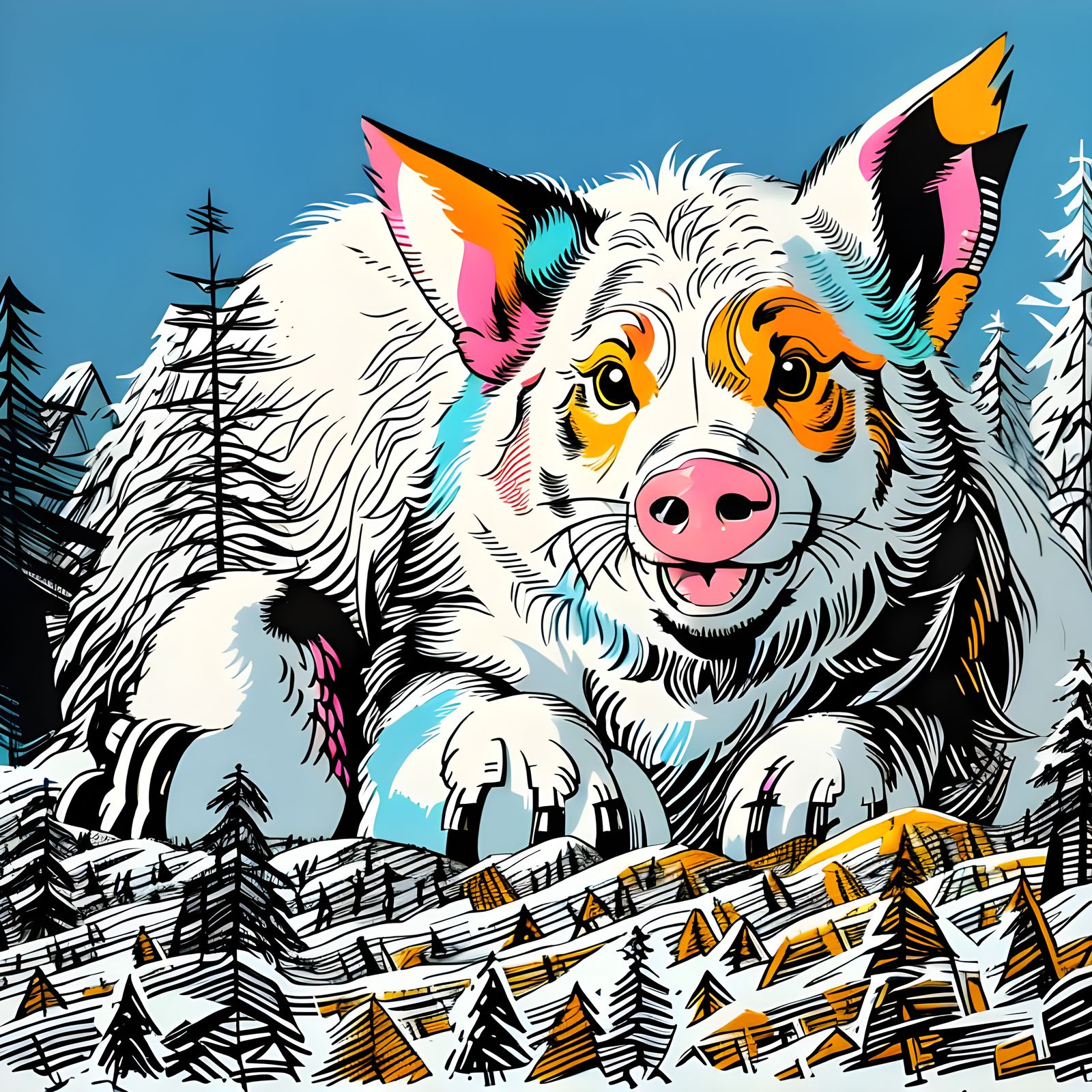 Abstract Expressionist Pigs in a Winter Forest