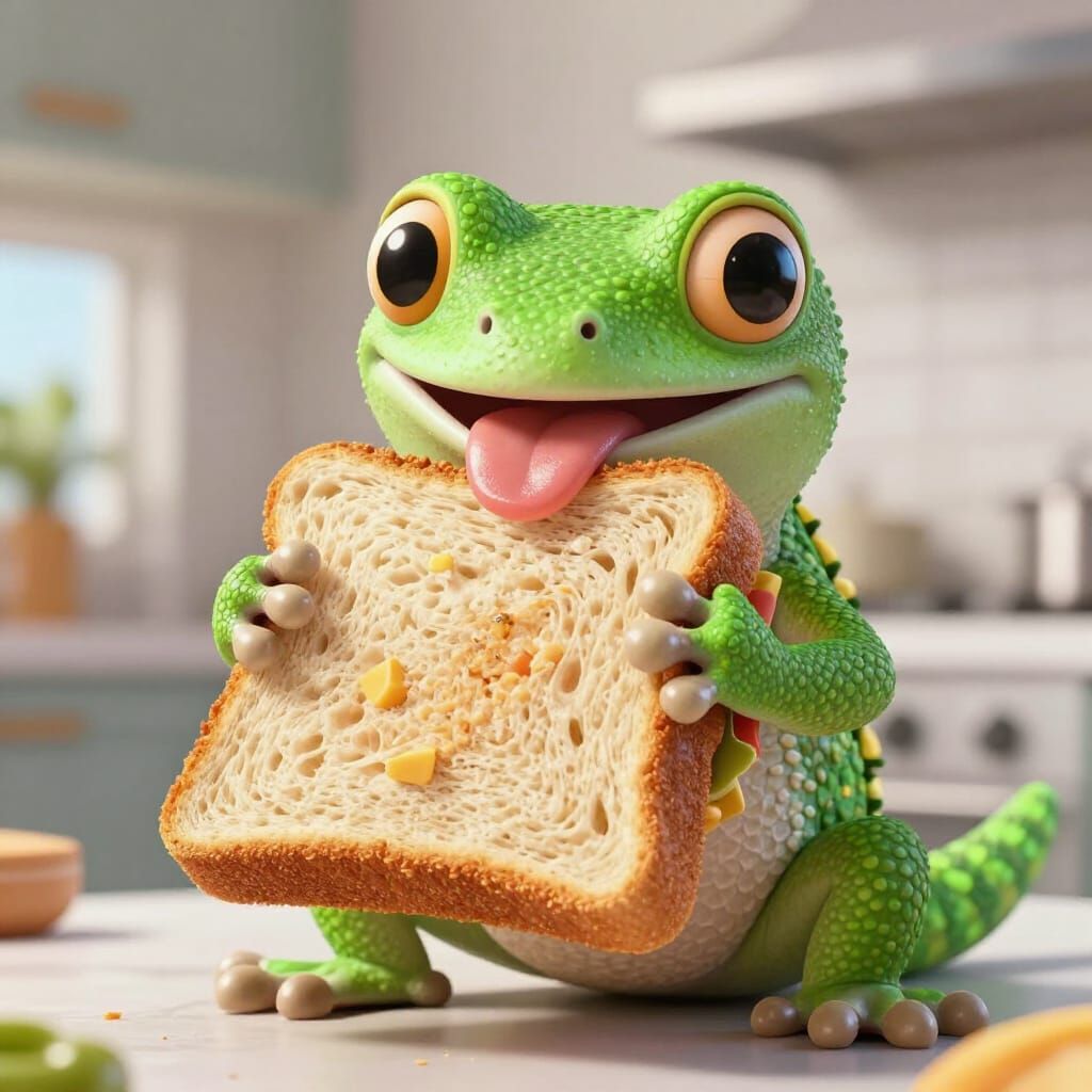 Geico Gecko Enjoys a Delicious Sandwich in Kitchen