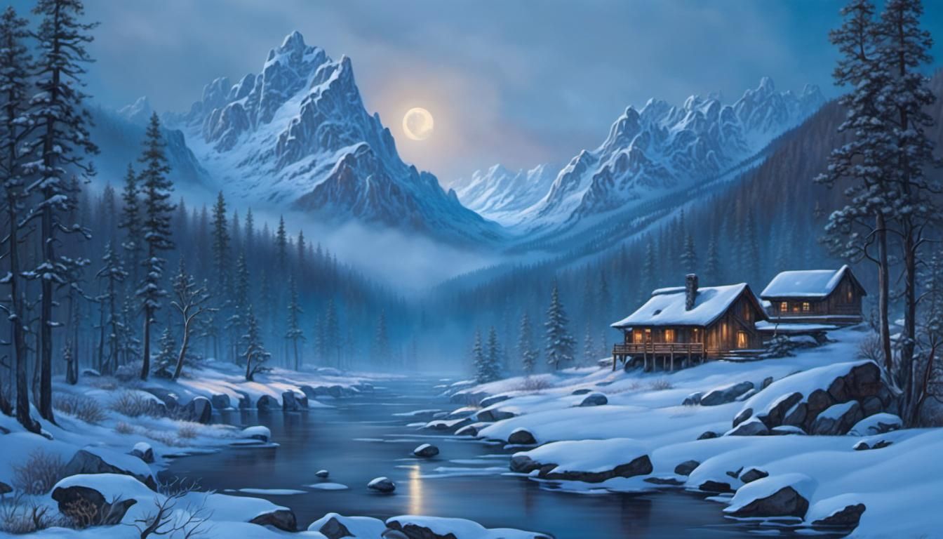 Eerie Winter Valley Landscape in Photorealistic Oil Paint