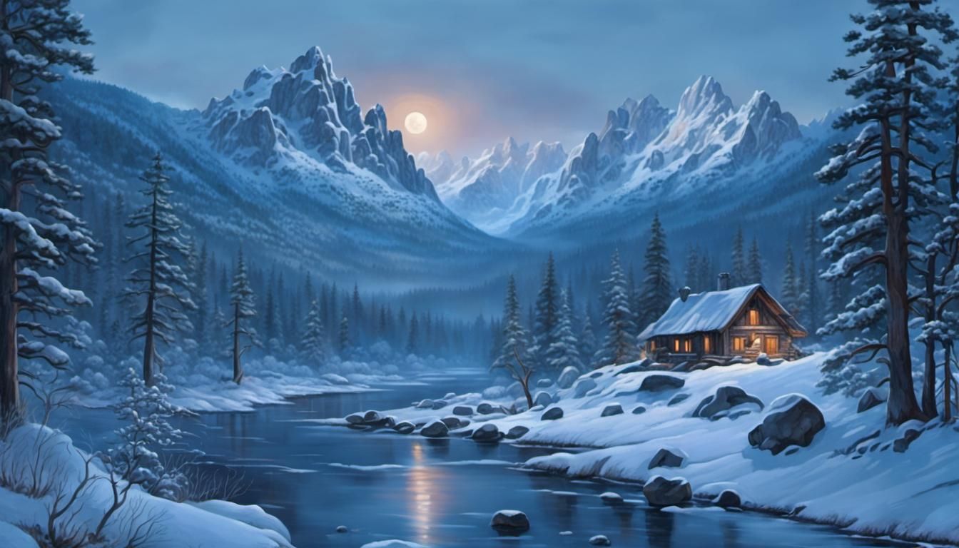 Winter Valley River at Night in Oil Paint Style