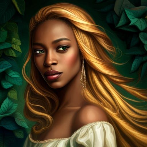 African American Rapunzel with Long Golden Hair