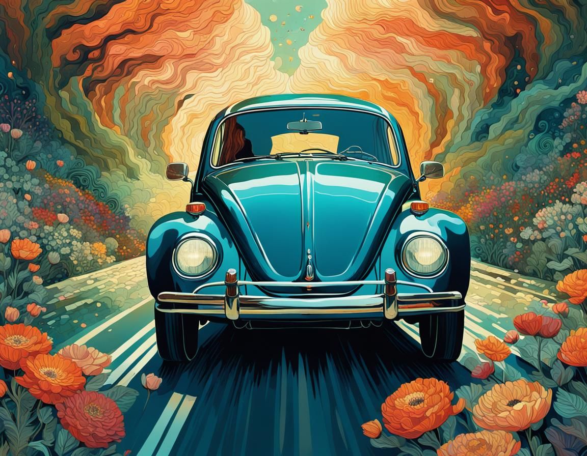 Girl in Volkswagen Beetle, Hyperrealistic Detailed Art