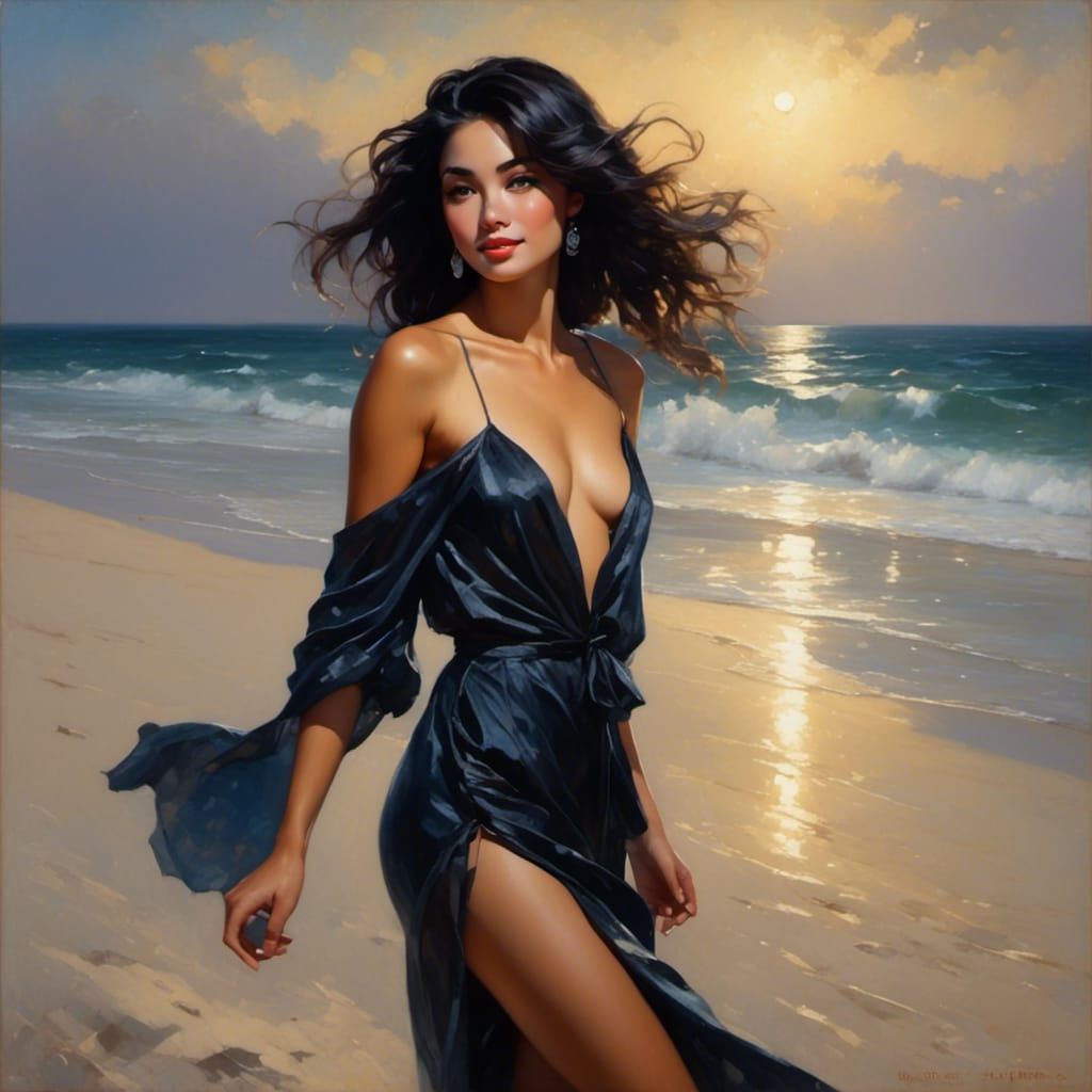 Black-Haired Beauty on Beach in Moonlight