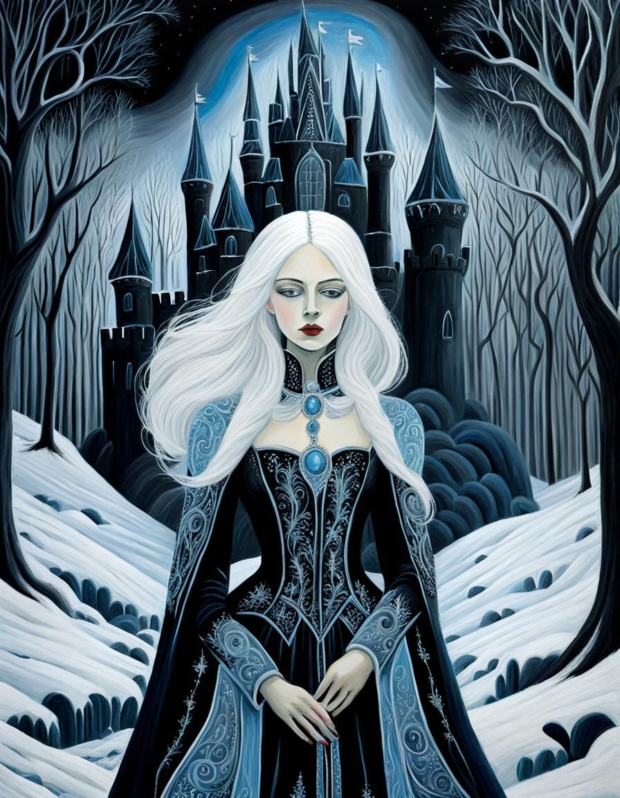 Ethereal Ice Queen in Naive Art Brut Style