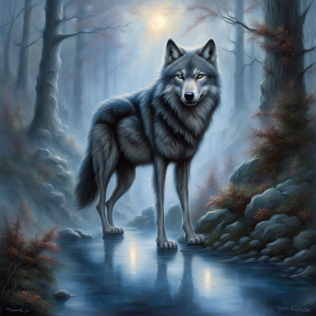 Ethereal Gray Wolf with Blue Eyes in Fantasy Landscape
