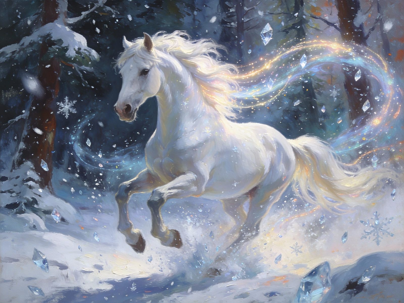 Majestic Horse Gallops Through Snowy Forest in Oil Painting ...