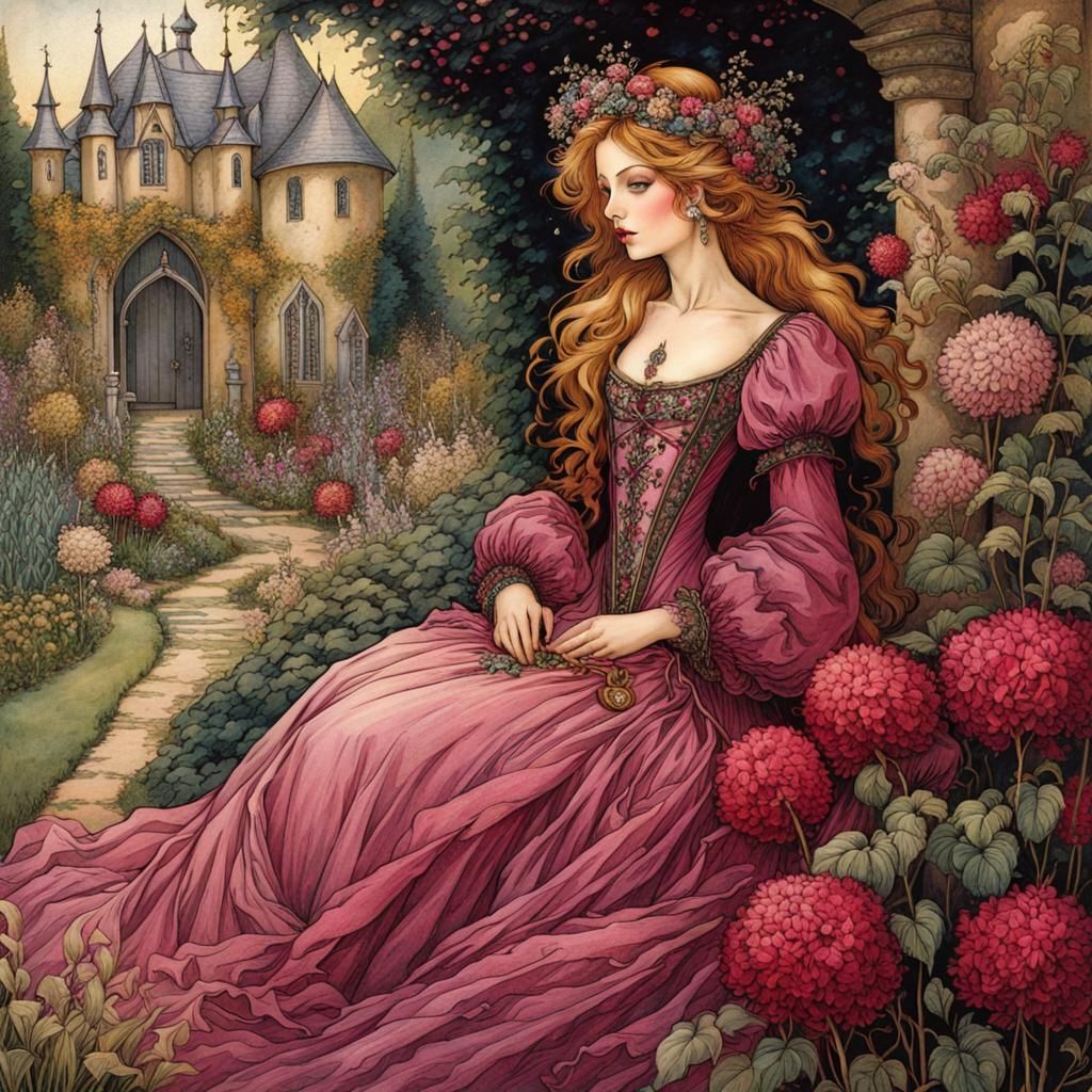 Medieval Maiden in Amaranth Garden, Arthur Rackham Style