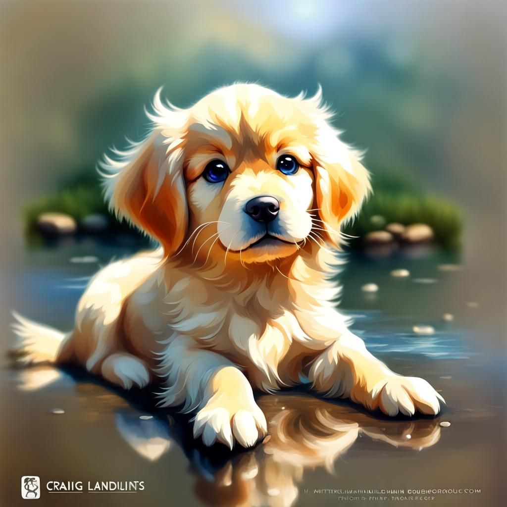 Chibi Golden Retriever Puppy Watercolor Portrait