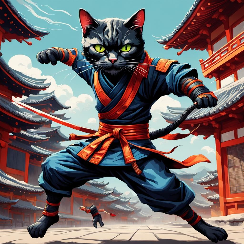 " An cat anthropomorphic ninja fighter in a dynamic battle "