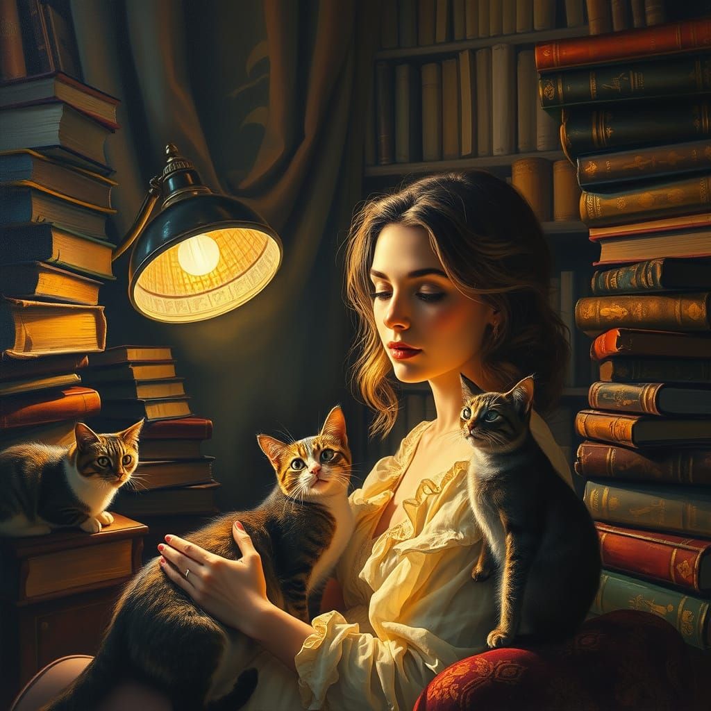 Woman in Golden Light, Surrounded by Cats and Books in a Whi...