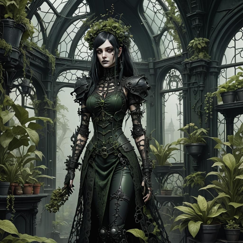Gothic Biopunk Woman in Plant-Filled House