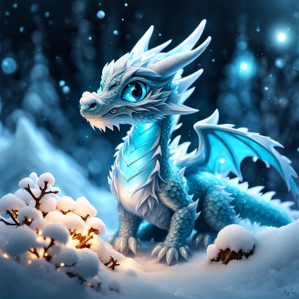 Adorable Ice Dragon in Ethereal Snowland