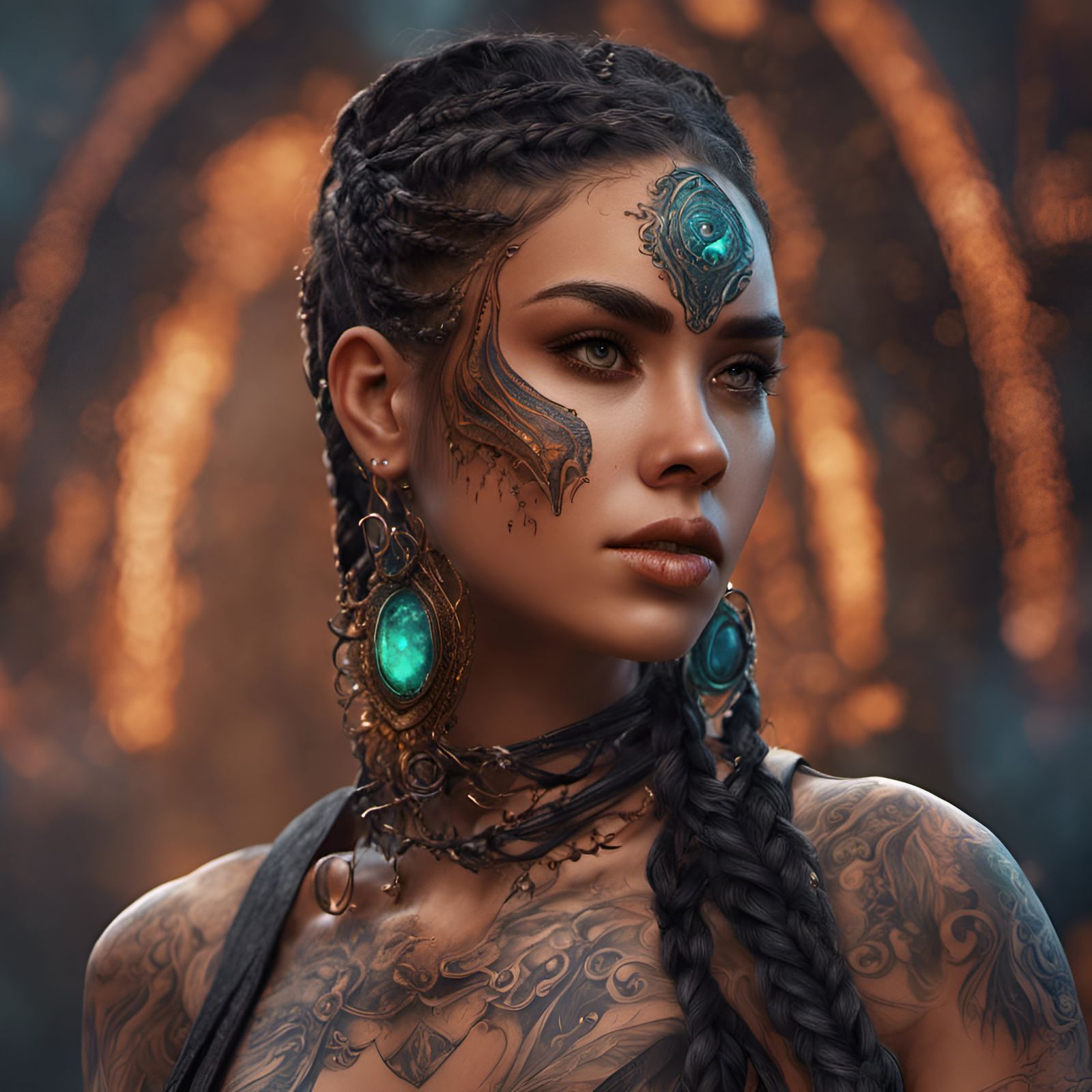 Hispanic Girl with Dragon Tattoo, Detailed Matte Painting