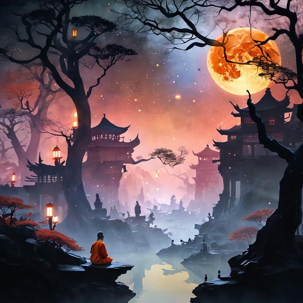 Monk Meditating in Bonsai Village as Surreal Watercolor