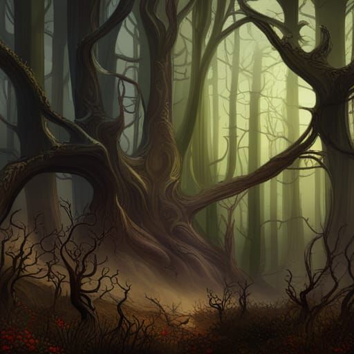 Eerie Haunted Forest with Gnarly Trees in Digital Art