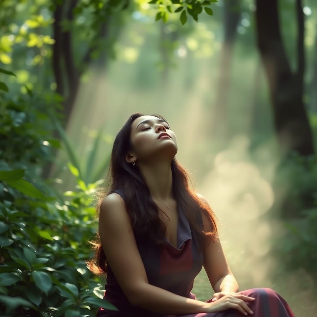 Serene Woman in Nature, in Minimalist Landscape Style