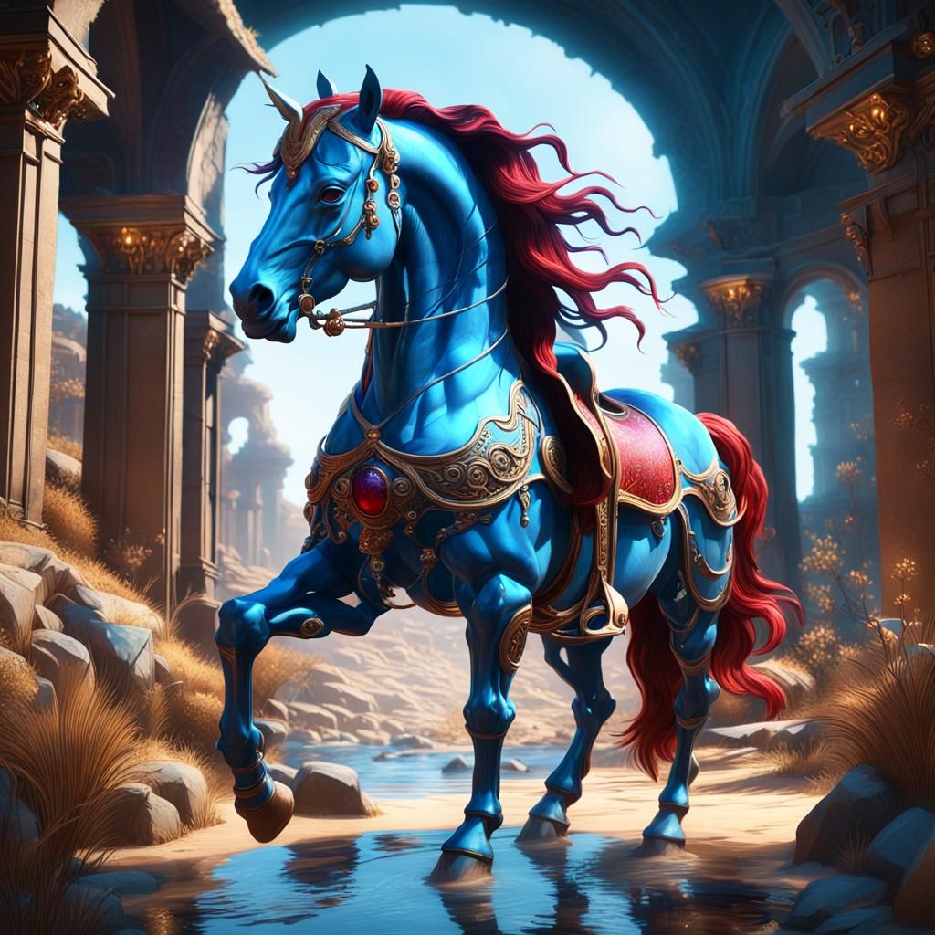 Winged Blue Horse in Dark Fantasy Style