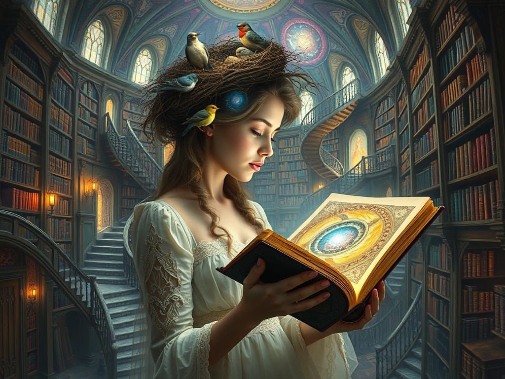 Ethereal Library with Woman and Birds, in Bosch Style