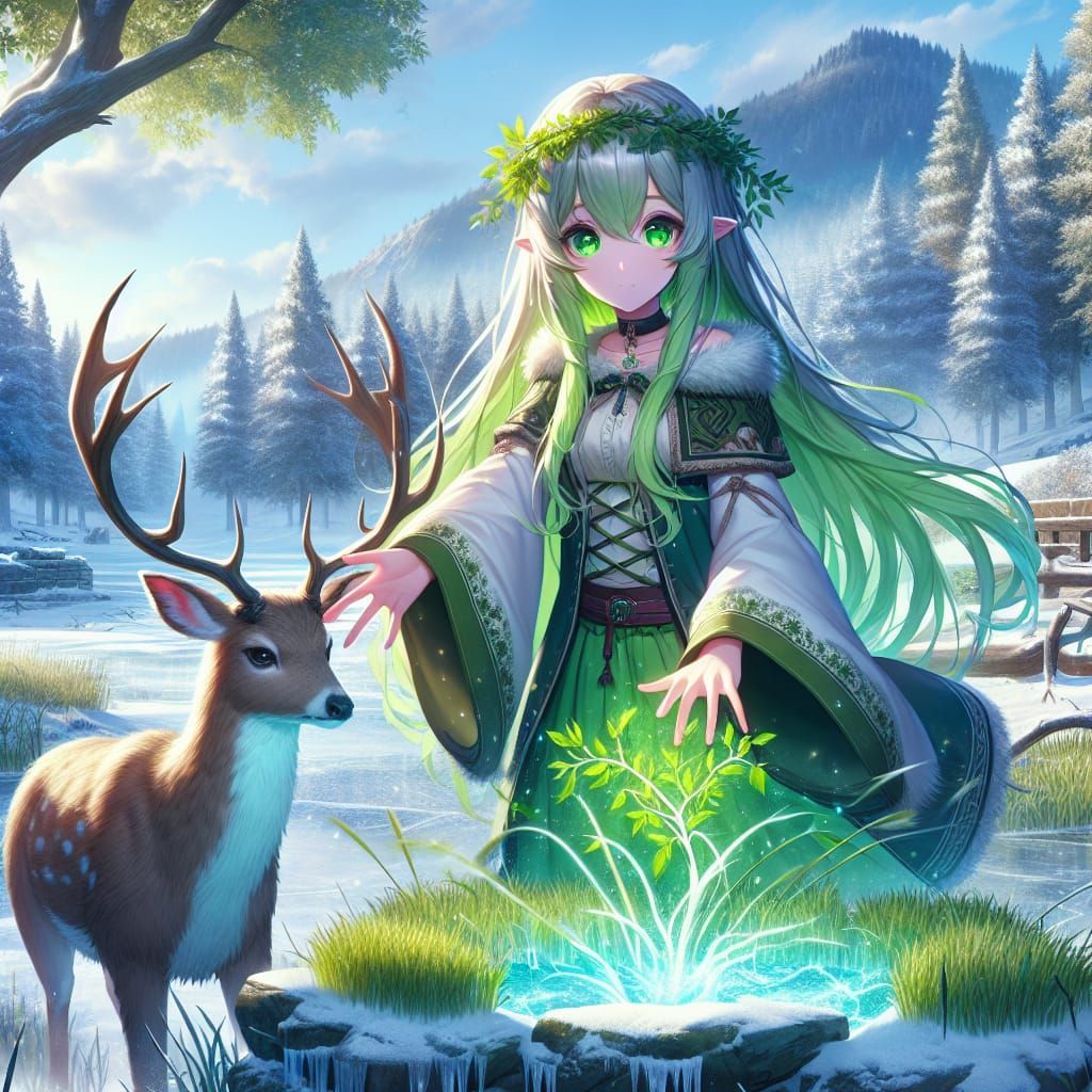 Anime Druid Girl Brings Life to Frozen Field