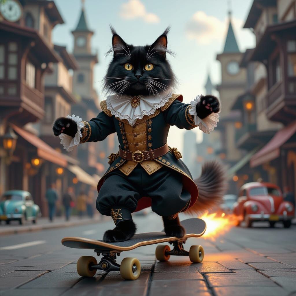 Cat Rides Steampunk Skateboard in Renaissance Outfit