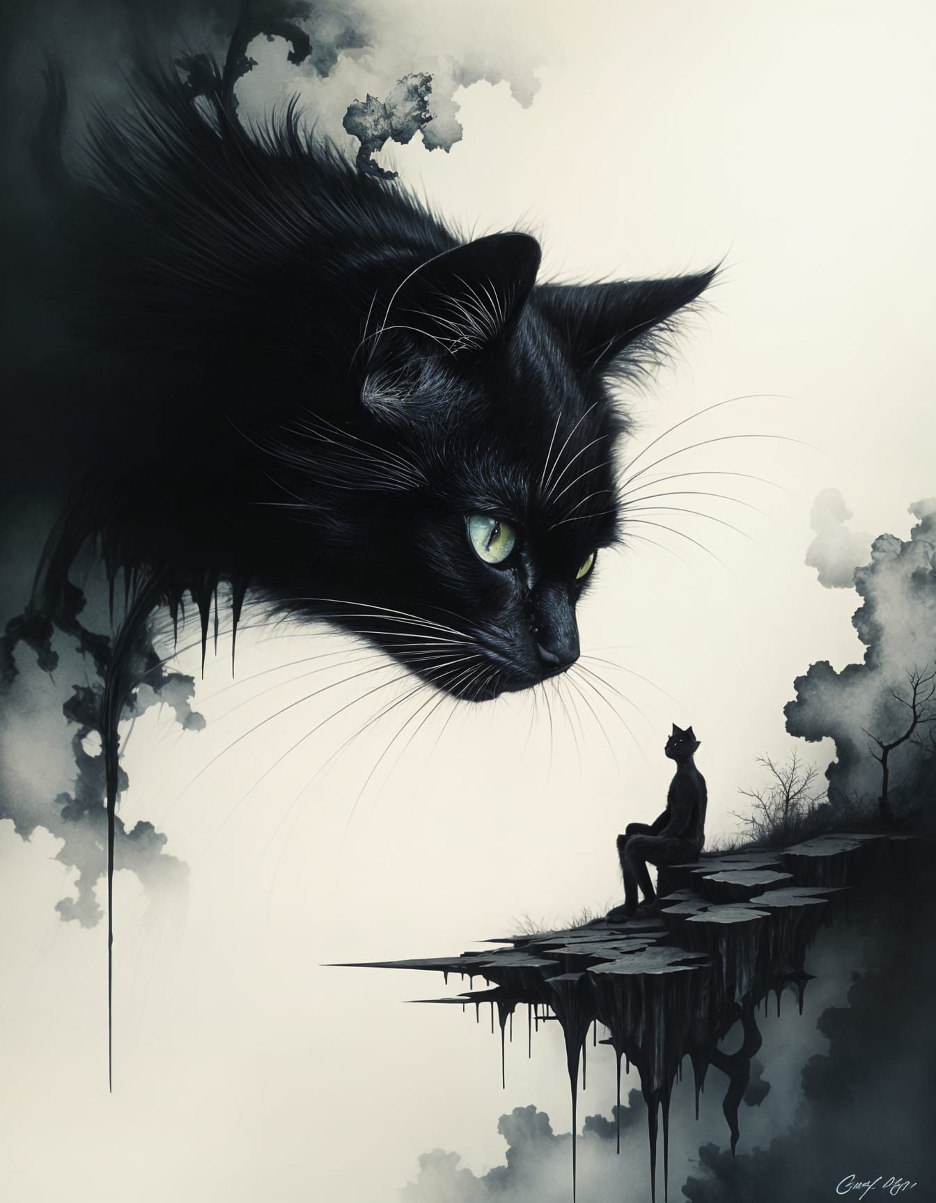 Surreal Black Cat in Damaged Landscape