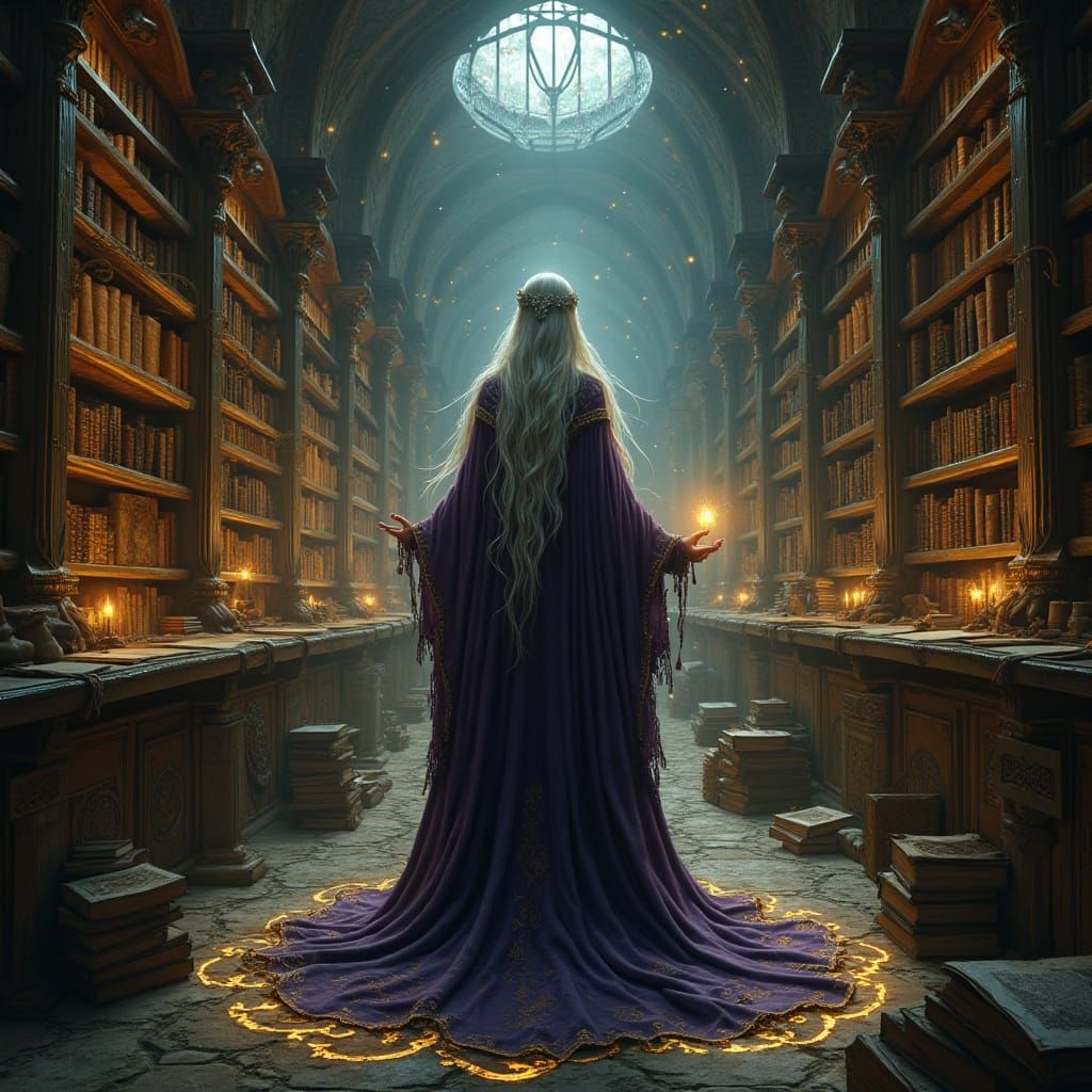 Elven Sorceress in Ancient Bibliothek