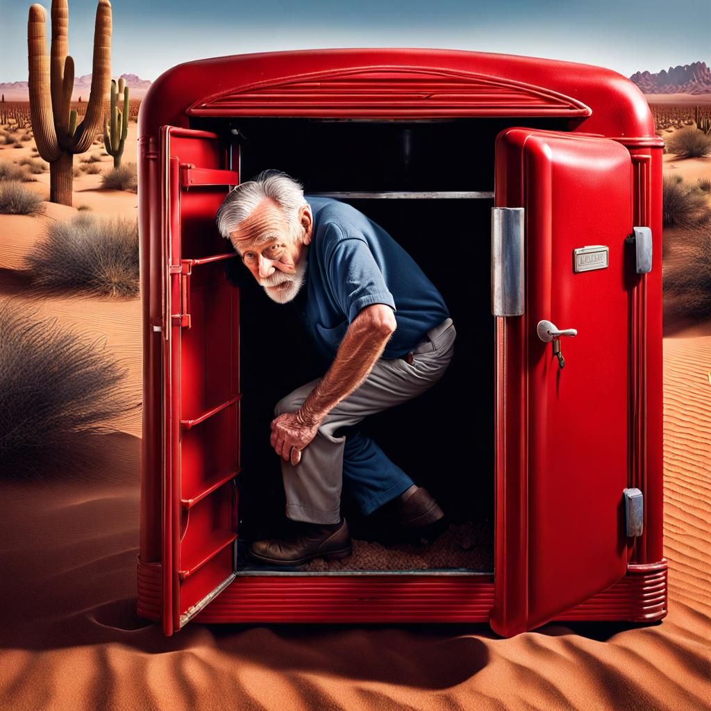 Old Man Hides in Antique Fridge: Photorealistic Desert Scene